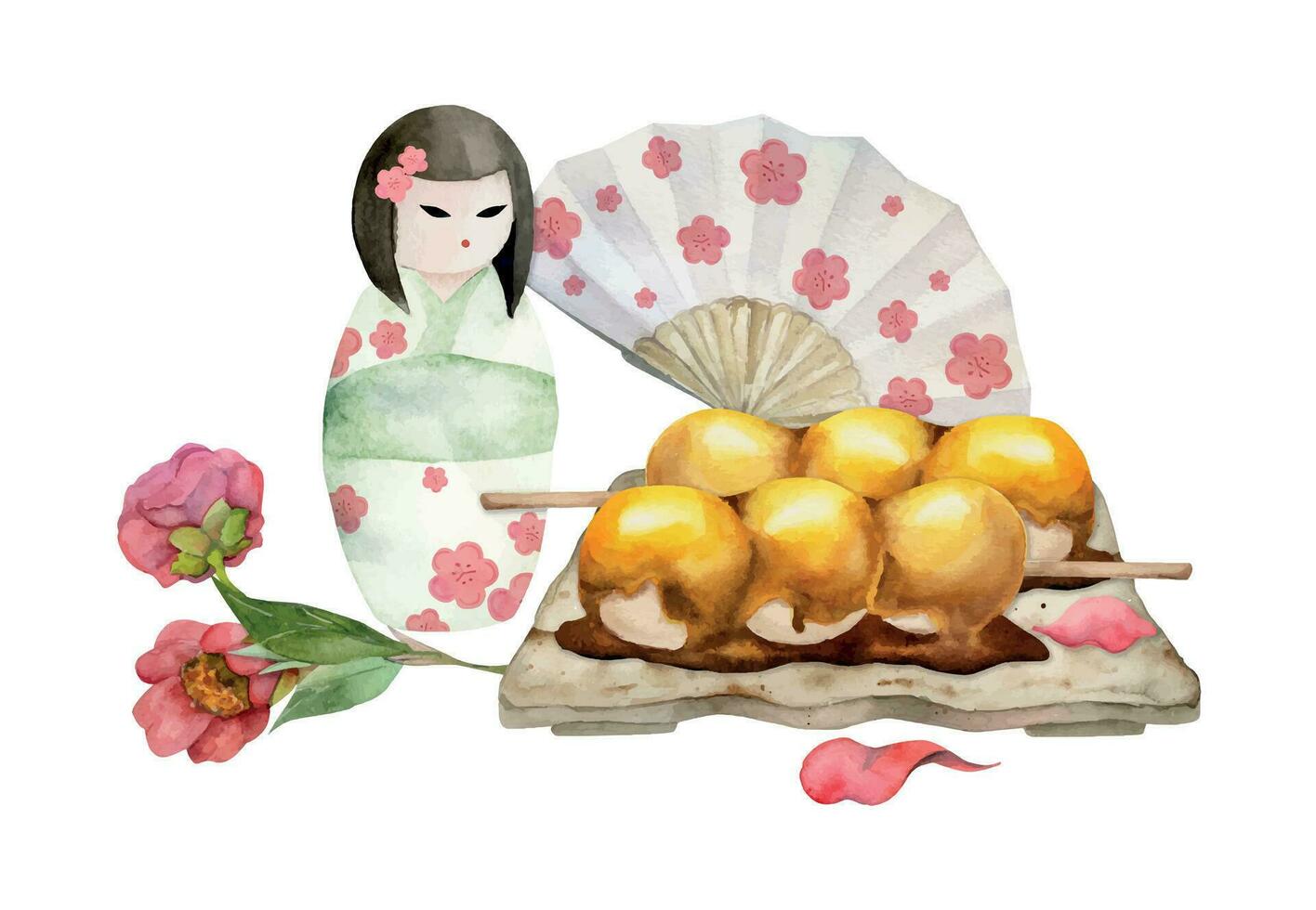 acuarela mano dibujado tradicional japonés dulces cerámico plato, mitarashi dango, camelia flor. aislado en blanco antecedentes. diseño para invitaciones, restaurante menú, saludo tarjetas, imprimir, textil vector