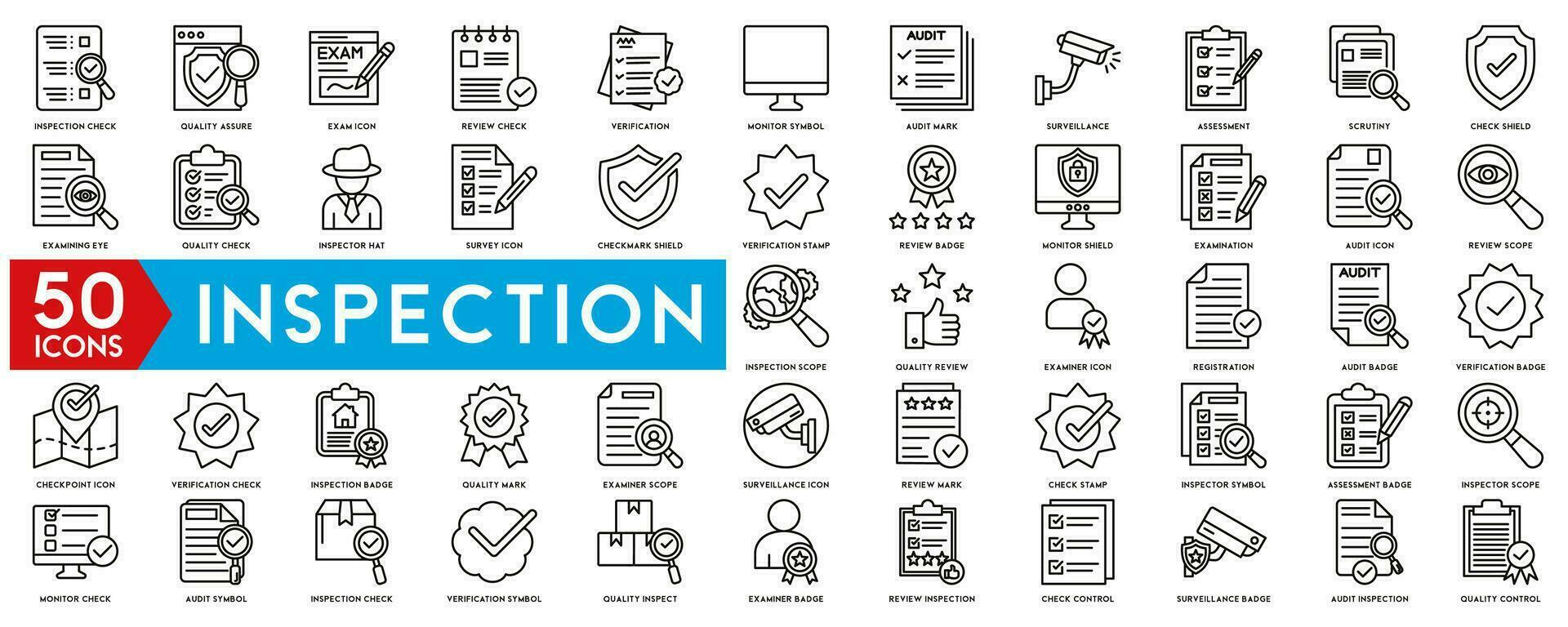 Inspection web icons in line style. Examination, testing, quality control, check, inspect, collection. Vector illustration.