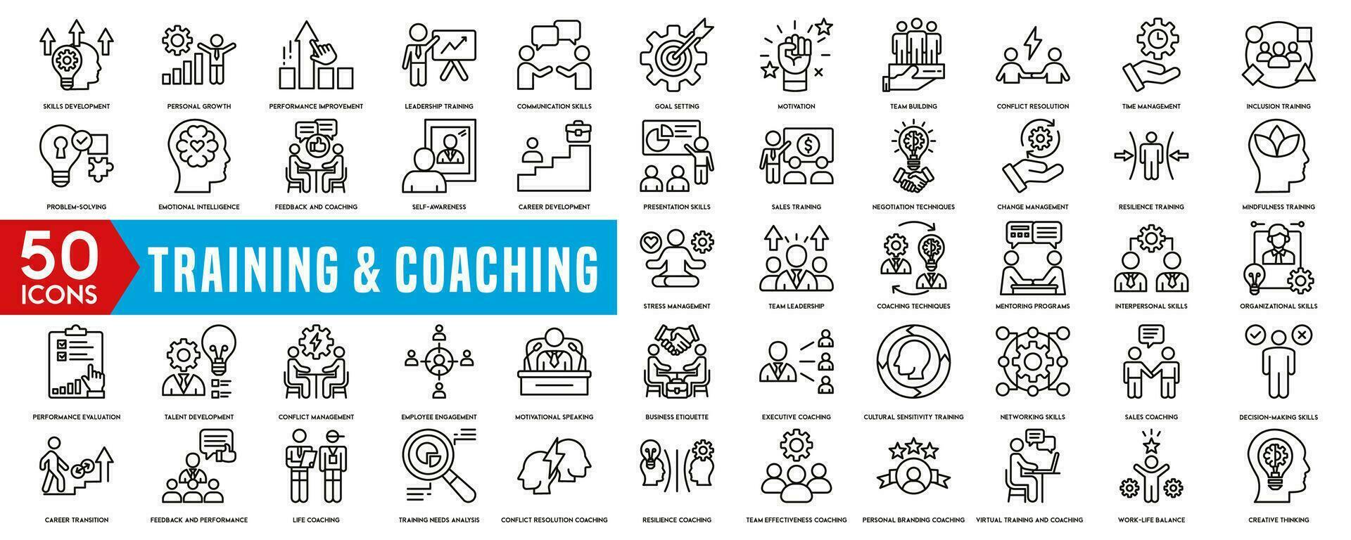 Training and Coaching icon set. Containing team building, collaboration, teamwork, coaching, problem-solving and education icons. Solid icon collection vector