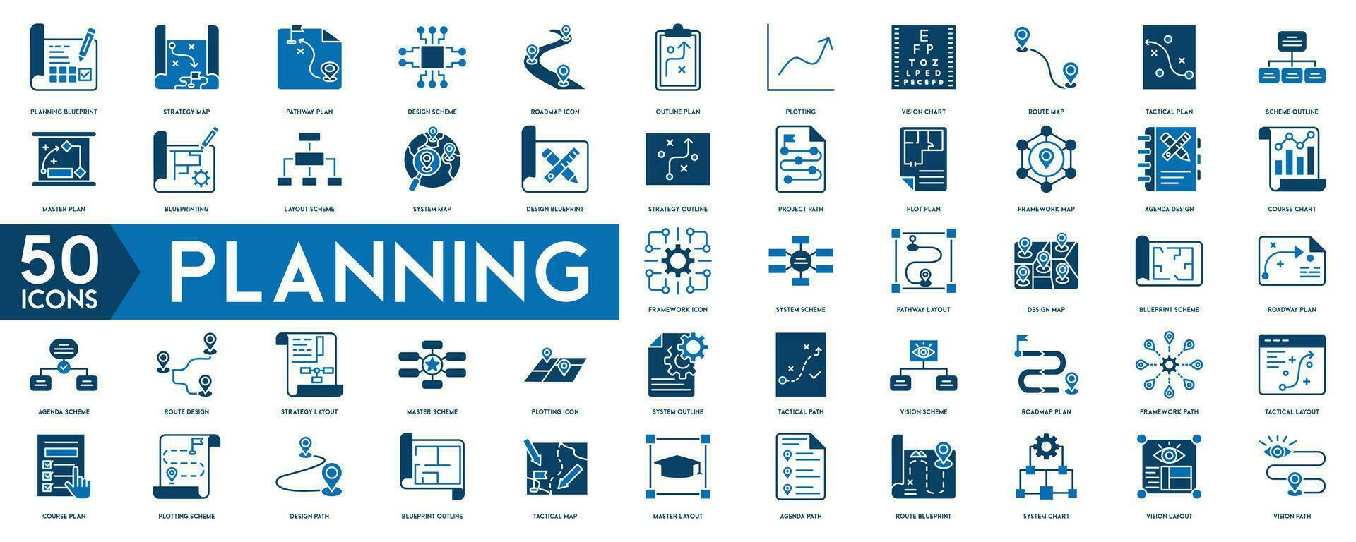 Planning icons set. Planning Blueprint, Strategy Map, Pathway Plan, organisation. Linear icon collection.. Vector illustration