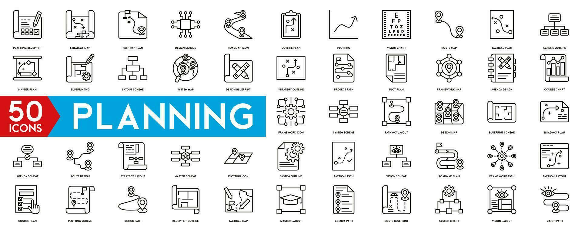 Planning icons set. Planning Blueprint, Strategy Map, Pathway Plan, organisation. Linear icon collection.. Vector illustration