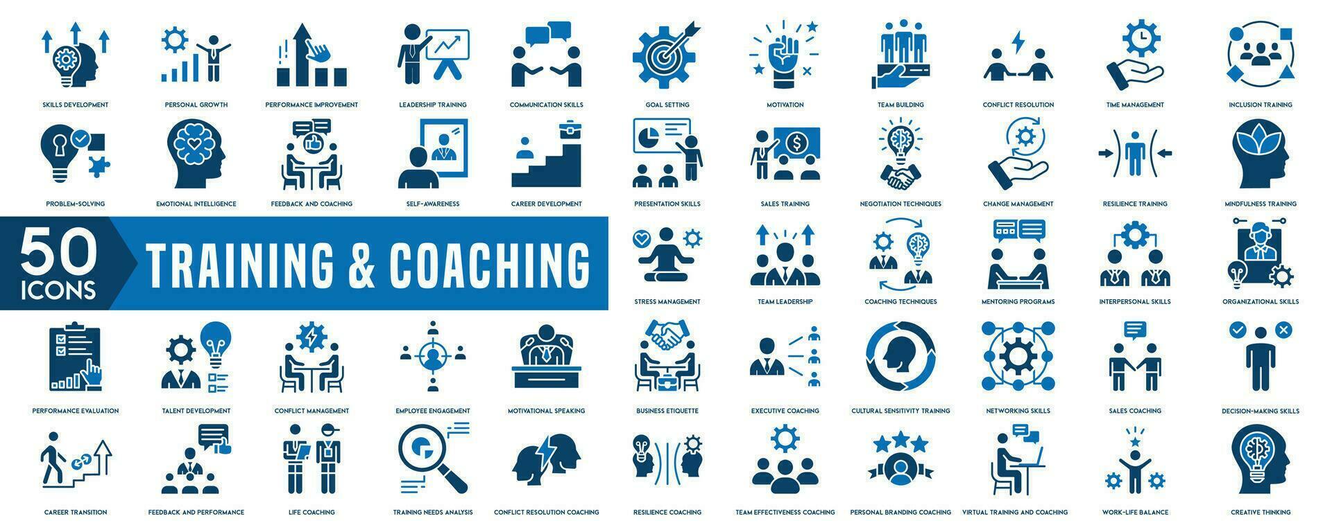 Training and Coaching icon set. Containing team building, collaboration, teamwork, coaching, problem-solving and education icons. Solid icon collection vector