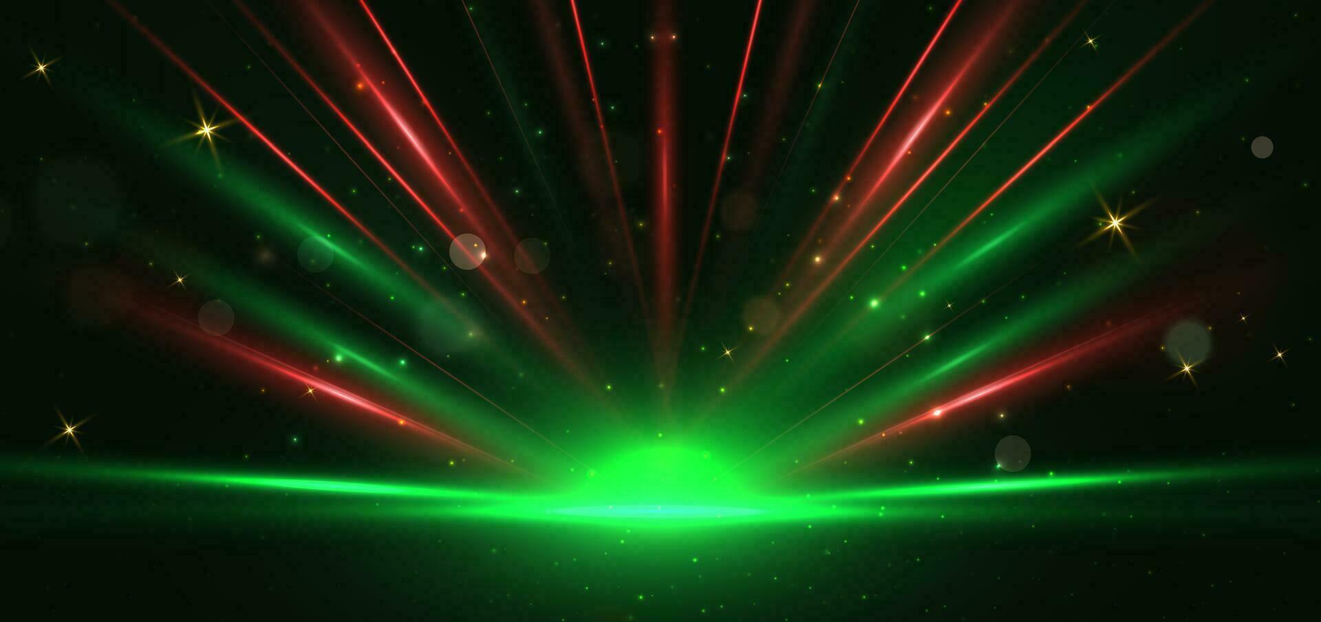 Abstract red and green light rays on black background with lighting effect and bokeh. vector