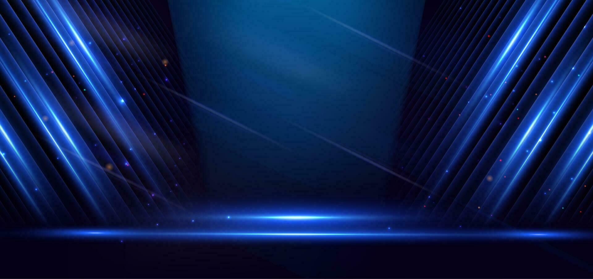 Abstract elegant dark blue stage background with blue neon line and lighting effect sparkle. Luxury template award design. vector