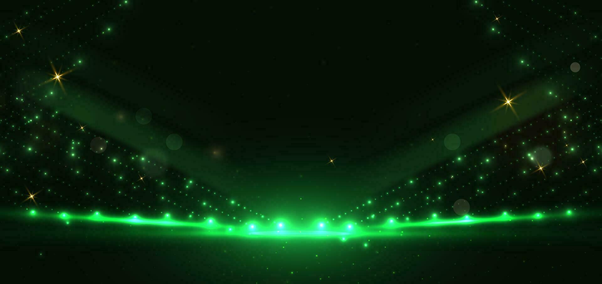 Abstract green dot lighting effect on dark green background with lighting effect and bokeh. vector