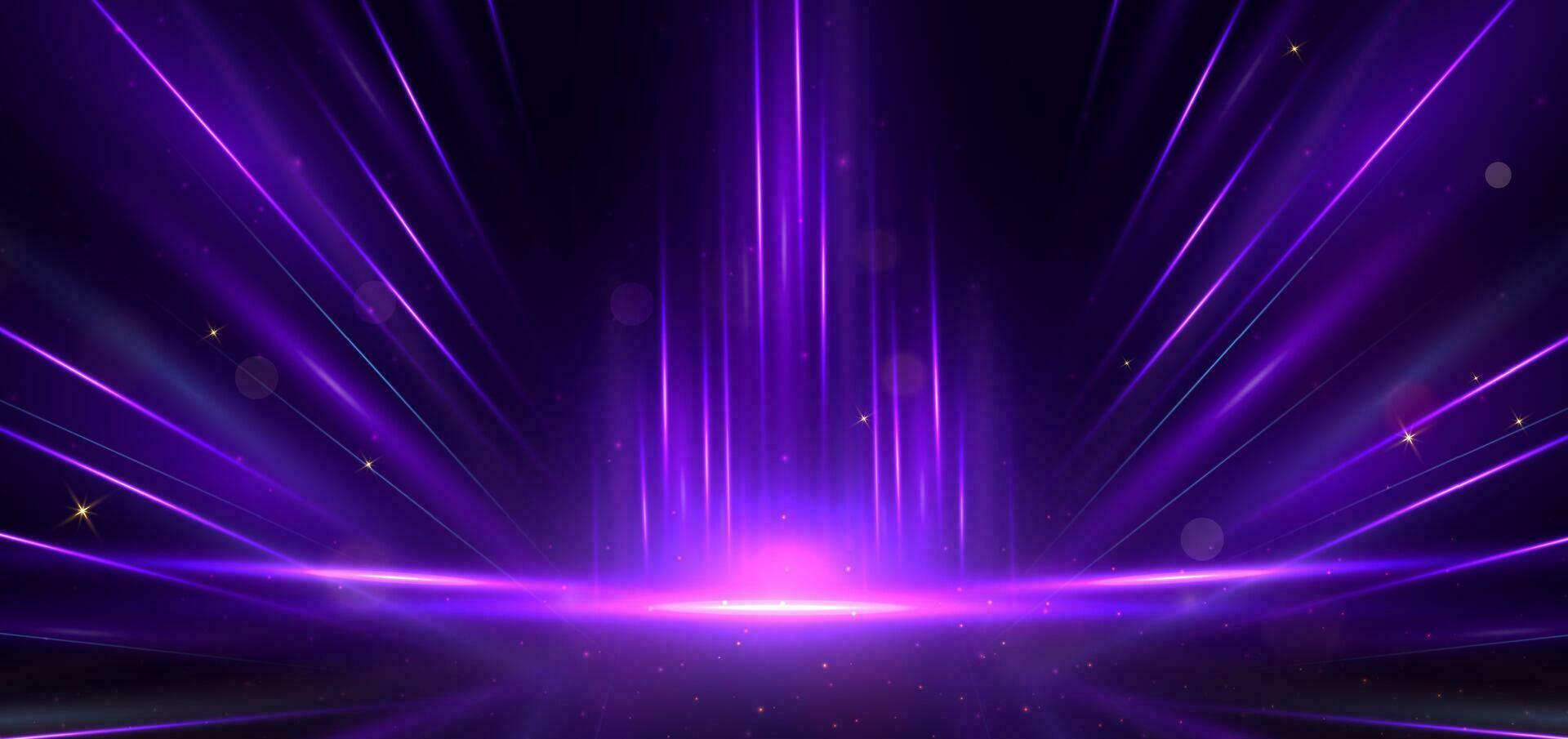 Abstract purple light rays on black background with lighting effect and bokeh. vector