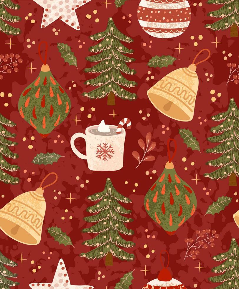 Vector seamless pattern with colorful illustrations of Christmas items. Use it for textile print, pattern fills, web page, wrapping paper, design of presentation and other graphic design
