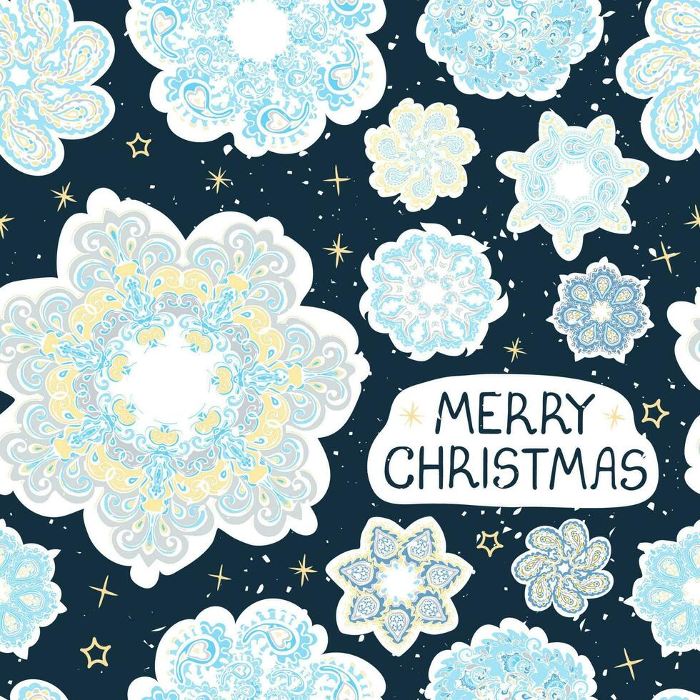 Vector modern greeting card with colorful hand draw illustration of snowflakes. Merry christmas. Use it as elements for design poster, card, fills, web page, wrapping paper, design of presentation