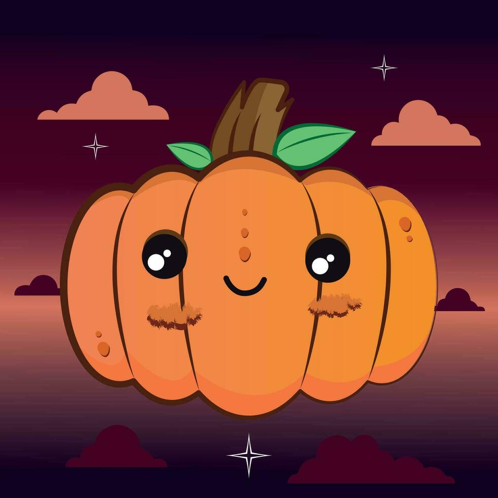 contento calabazas dibujos animados en un oscuro noche. Víspera de Todos los Santos temporada - vector