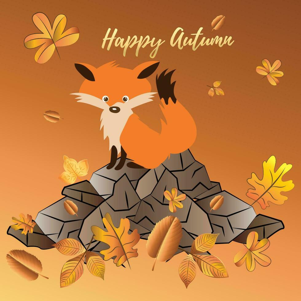Little fox on dry leaves. Autumn season - Vector