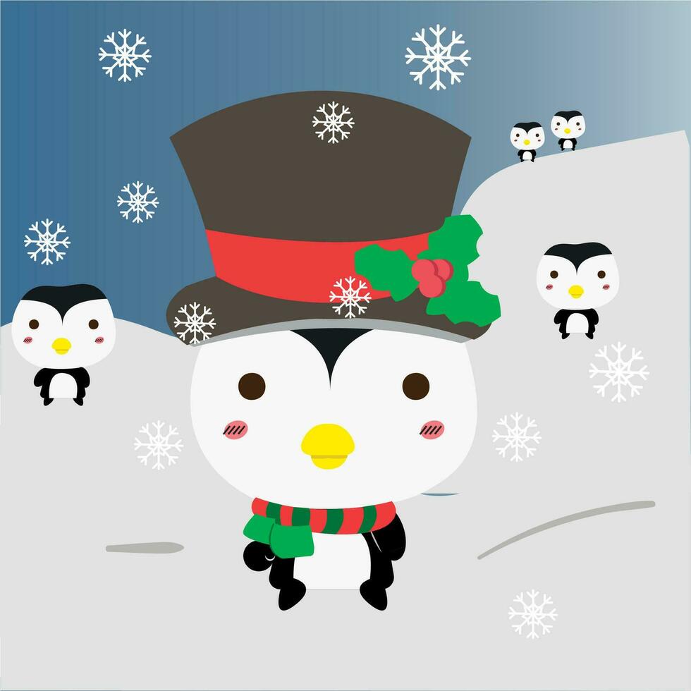 Cute penguin cartoon character with christmas hat on a winter landscape Vector illustration