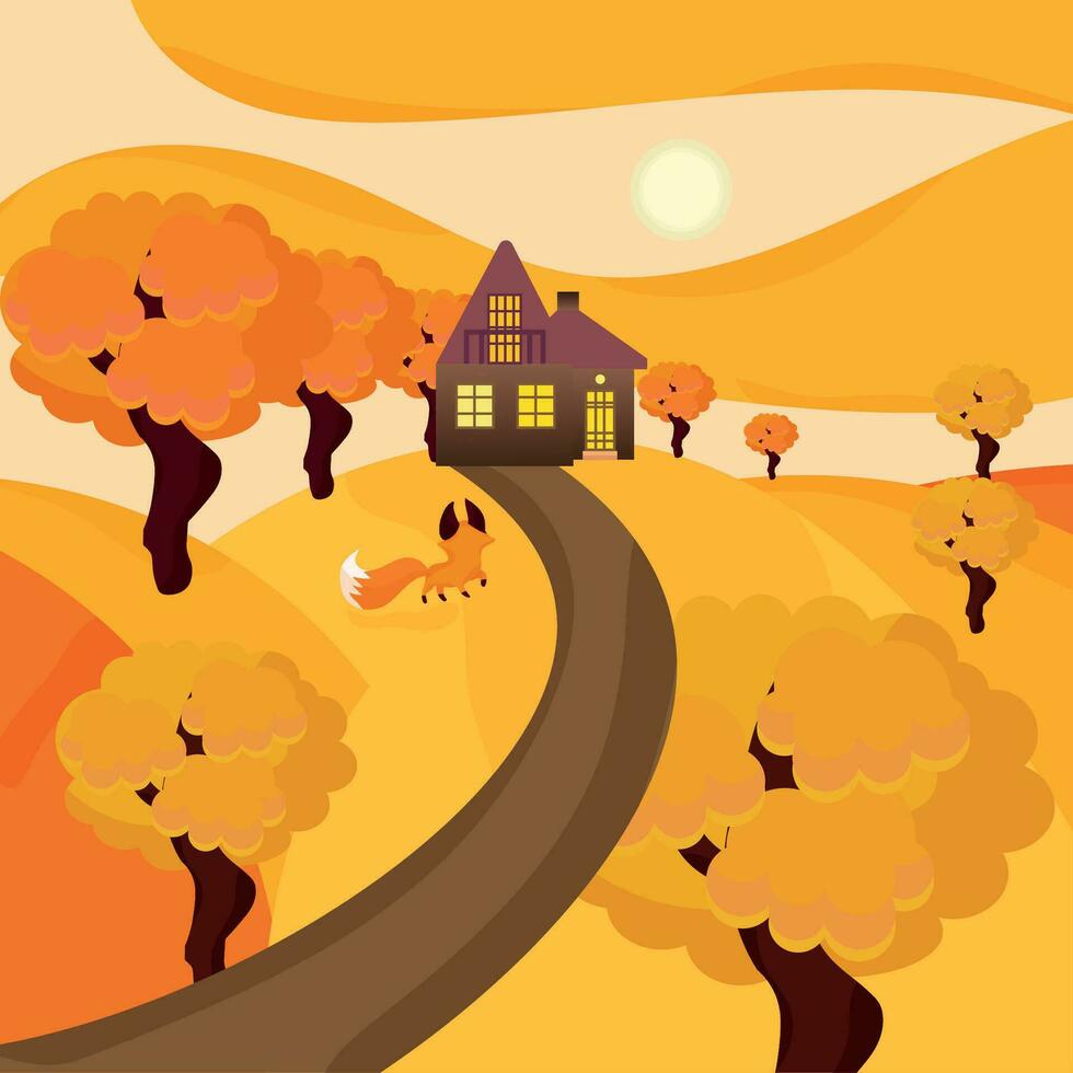 Colored autumn seasonal landscape view Vector illustration