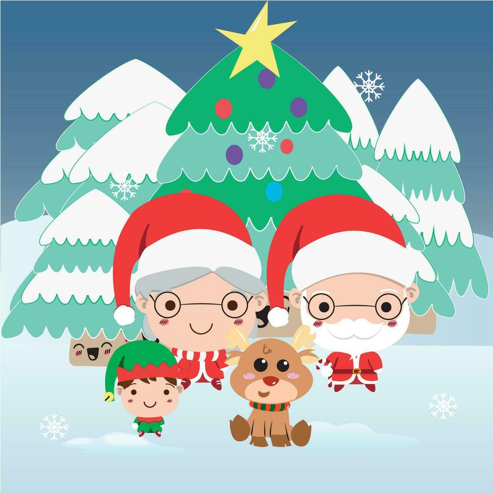 linda Papa Noel claus familia dibujos animados en un invierno paisaje vector ilustración