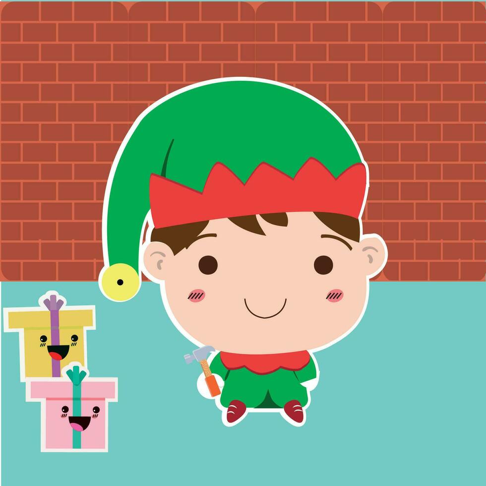 Isolated cute happy christmas elf with presents Vector illustration