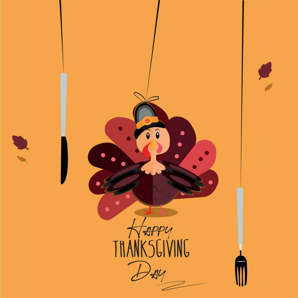 contento acción de gracias día tarjeta. Turquía dibujos animados - vector