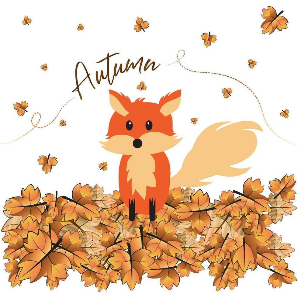 Little fox on dry leaves. Autumn season - Vector