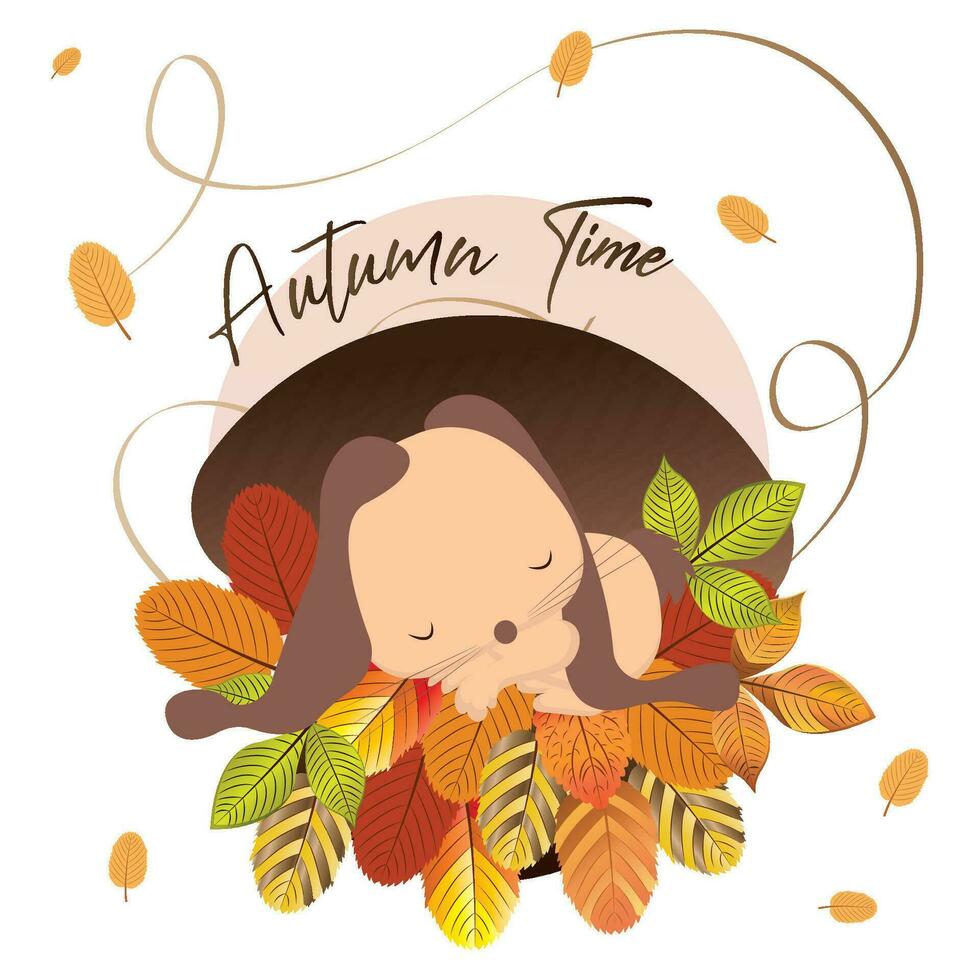 Sleeping bunny on dry leaves. Autumn season - Vector