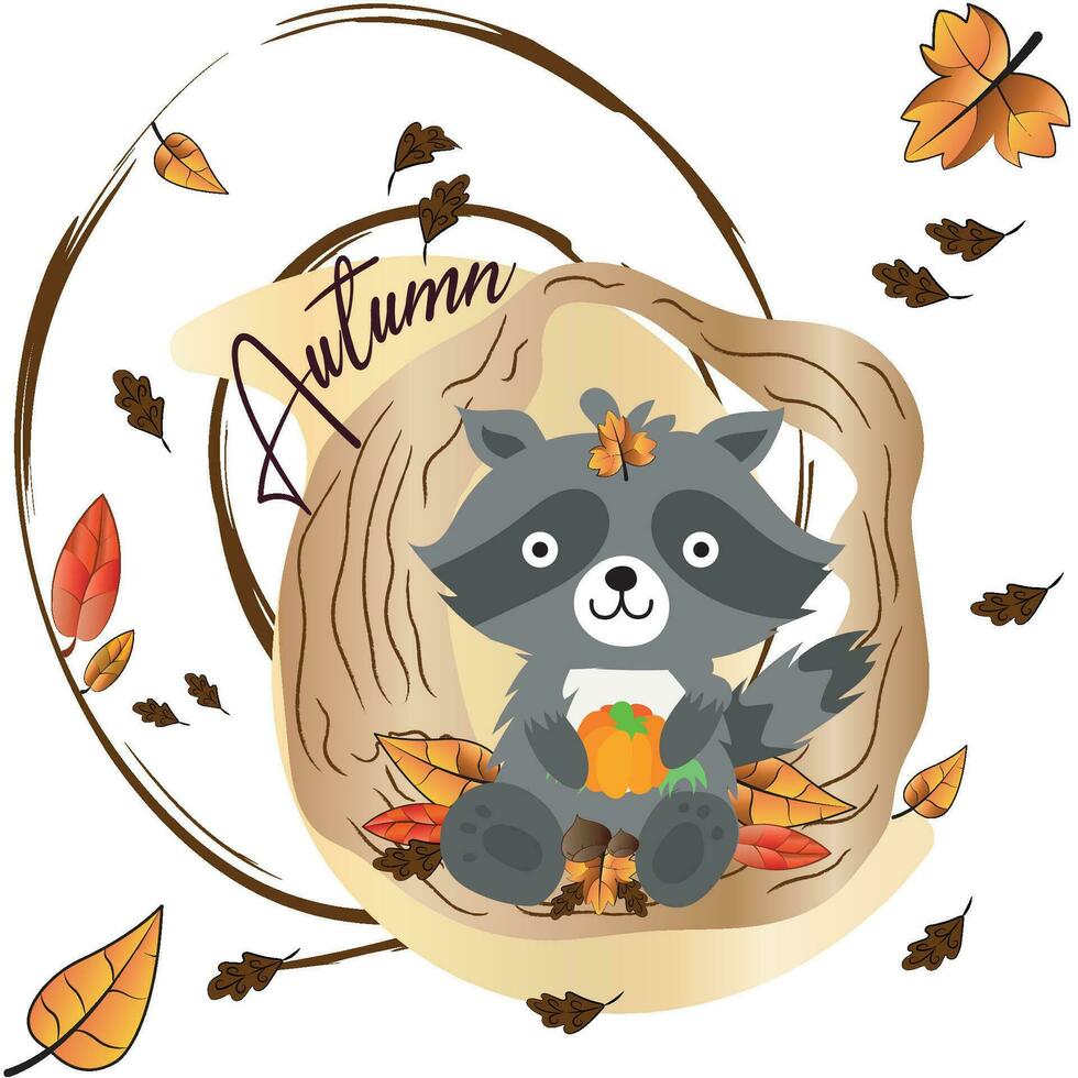 Raccoon sitting on dry leaves. Autumn season - Vector