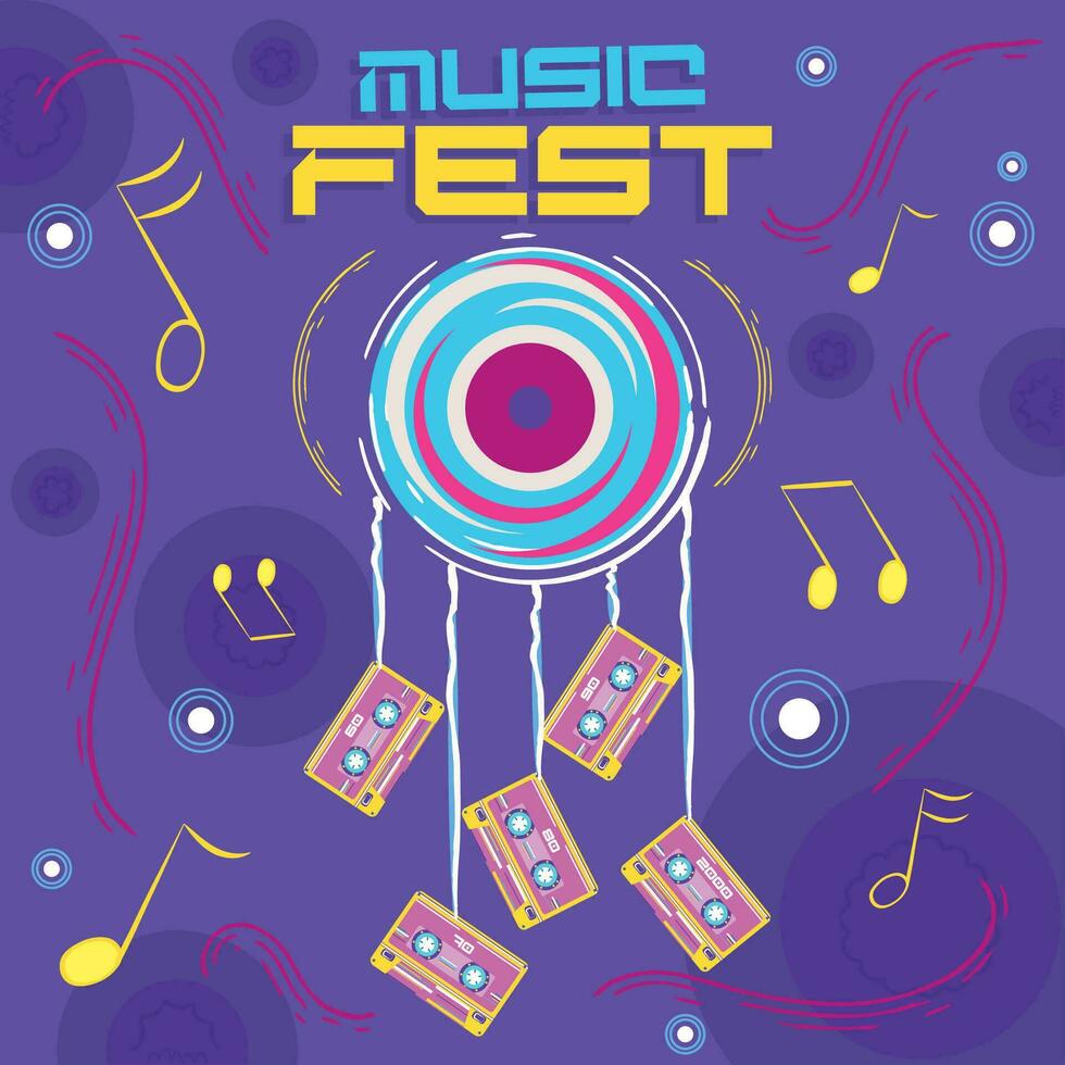 retro de colores música fest póster con casetes vector ilustración