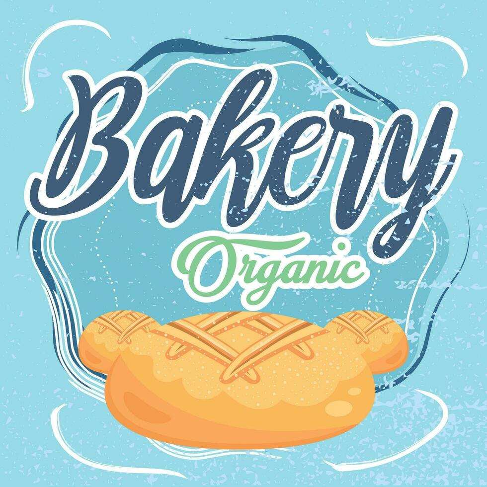 Blue retro bakery shop poster with bread Vector illustration