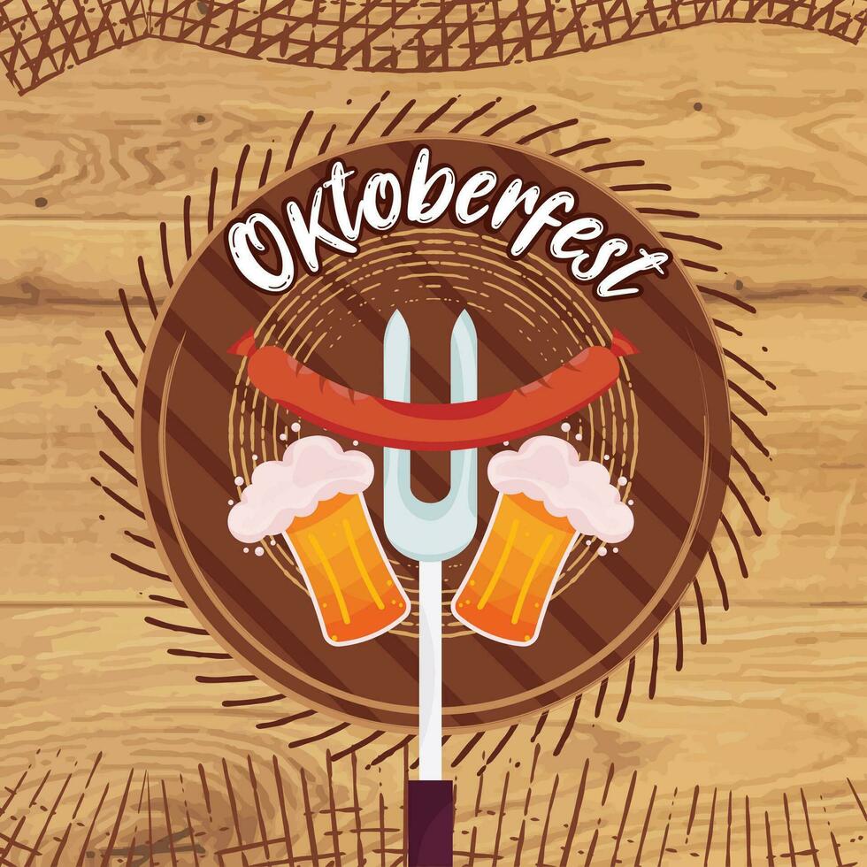 Barbecue fork with a german sausage and pair of beer mugs Oktoberfest Vector illustration