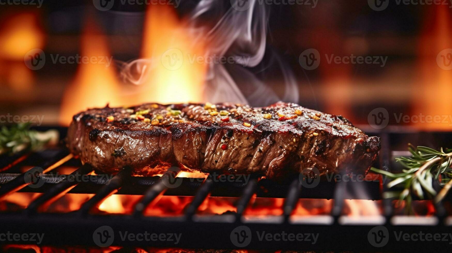 beef steak with brown crust grilled on oven with flame. close up and selective focus photo