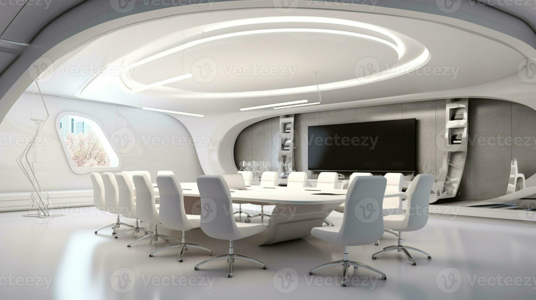 modern conference room with white futuristic style. office workspace for team meeting. generative AI photo