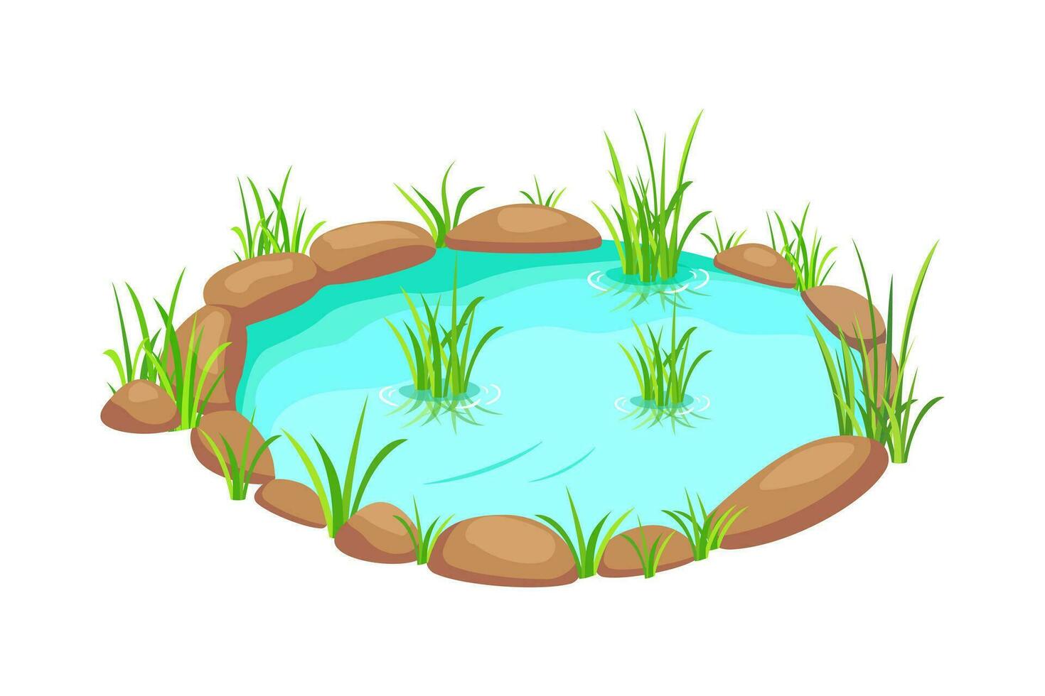 Pond with grass on white background. Pond in cartoon style. Swamp vector illustration