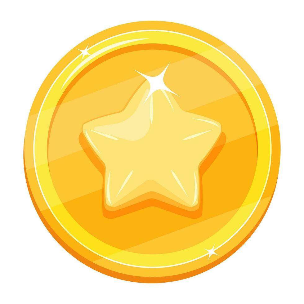 Game coin with star. Gold medal for first place. Winner icon in cartoon style vector