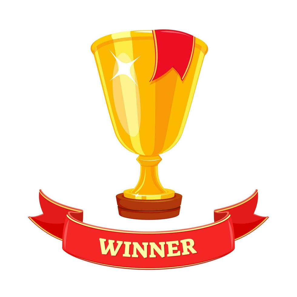 Gold winner cup with red ribbon. Prize for first place. Congratulations on your win vector