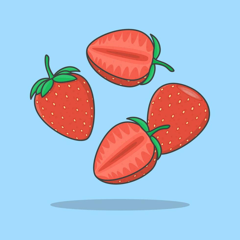 Strawberry Cartoon Vector Illustration. Falling Sliced Strawberry Flat Icon Outline. Flying Strawberry
