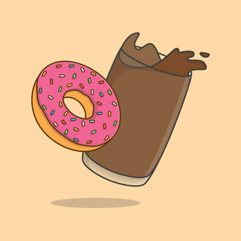 Coffee And Donut Cartoon Vector Illustration. Donut With Coffee Flat Icon Outline