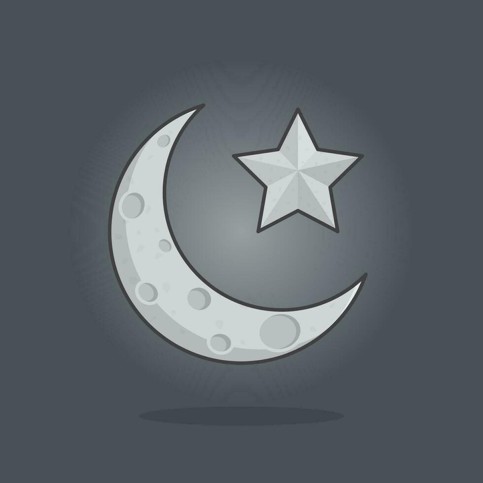 Moon With Star Cartoon Vector Illustration. Moon And Star Flat Icon Outline