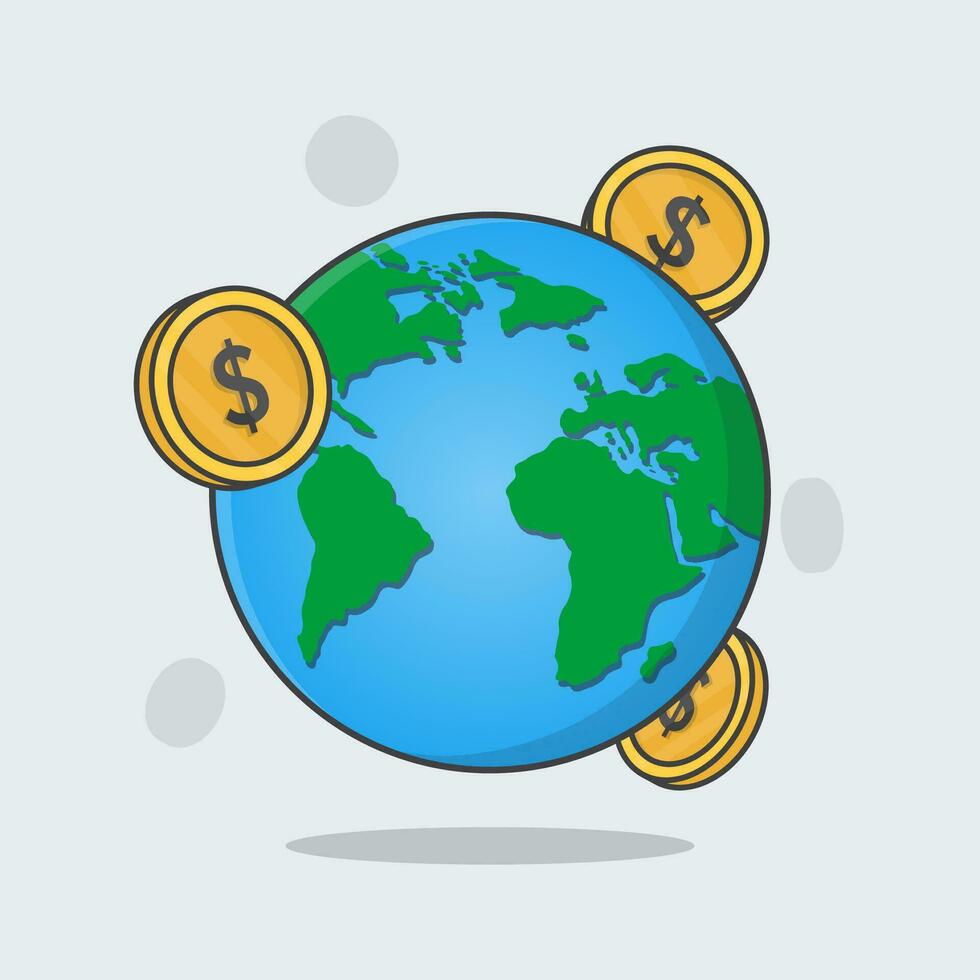 mundo globo con efectivo dinero dibujos animados vector ilustración. global financiero concepto plano icono contorno