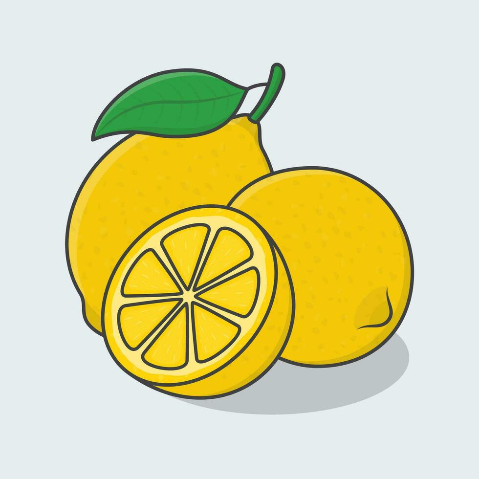 Slice And Whole Of Lemon Cartoon Vector Illustration. Lemon Fruit Flat Icon Outline