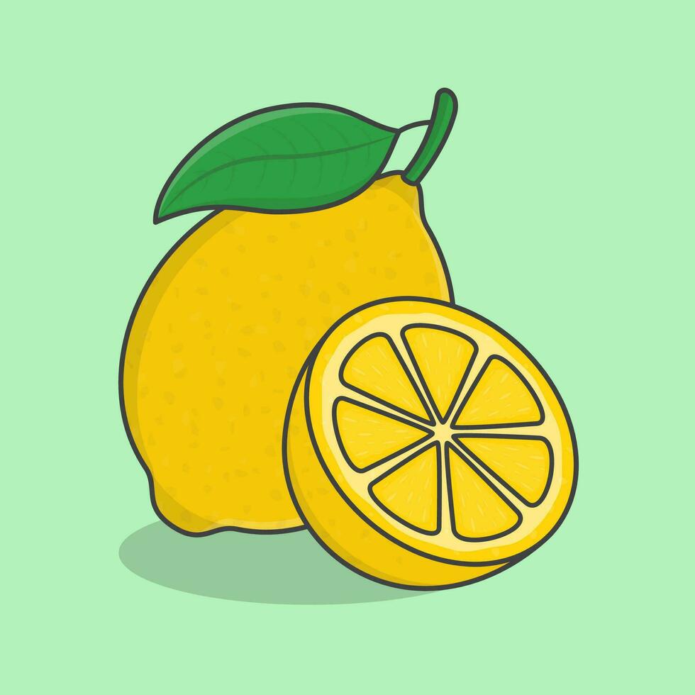 Slice And Whole Of Lemon Cartoon Vector Illustration. Fresh Lemon Fruit Flat Icon Outline