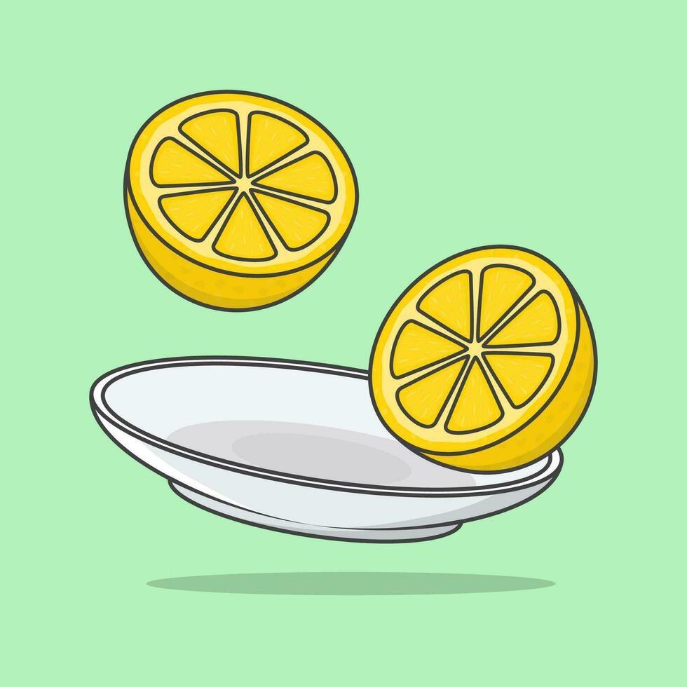 Slices Of Lemon On A Plate Cartoon Vector Illustration. Lemon Fruit Flat Icon Outline