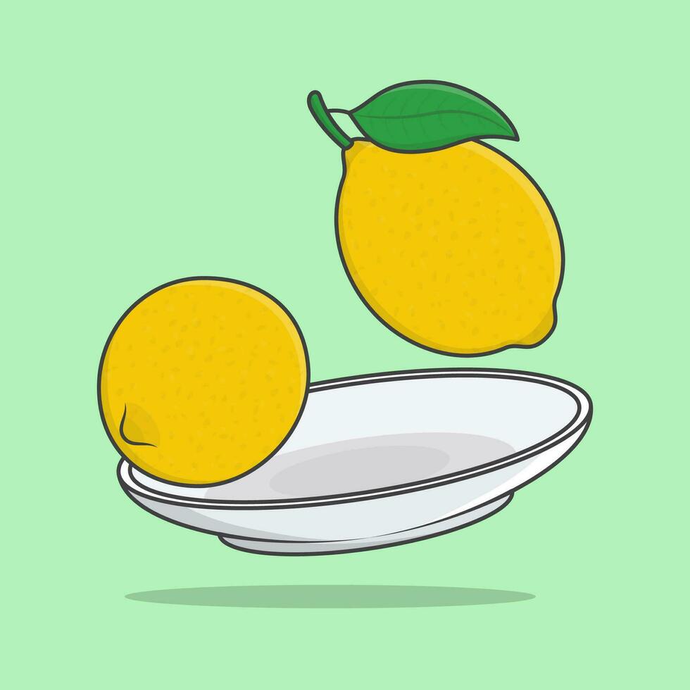 Lemon On A Plate Cartoon Vector Illustration. Lemon Fruit Flat Icon Outline