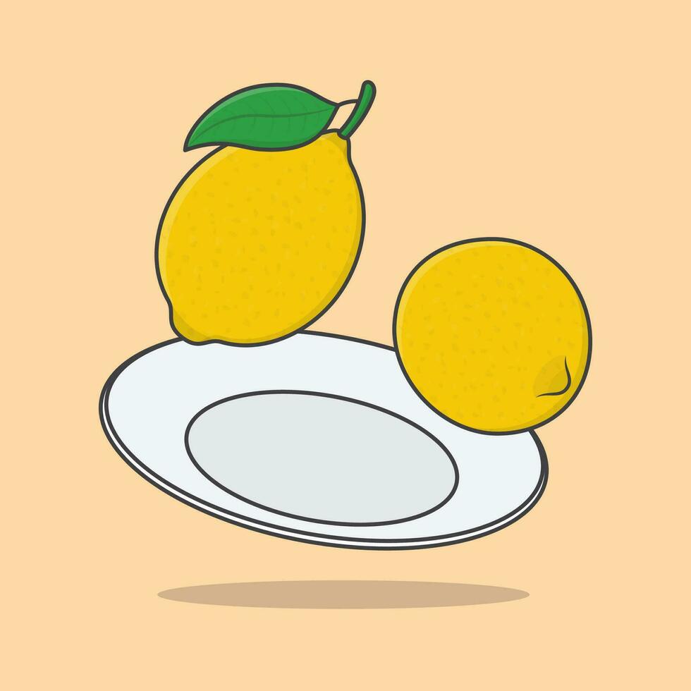 Lemon Fruit On A Plate Cartoon Vector Illustration. Lemon Fruit Flat Icon Outline