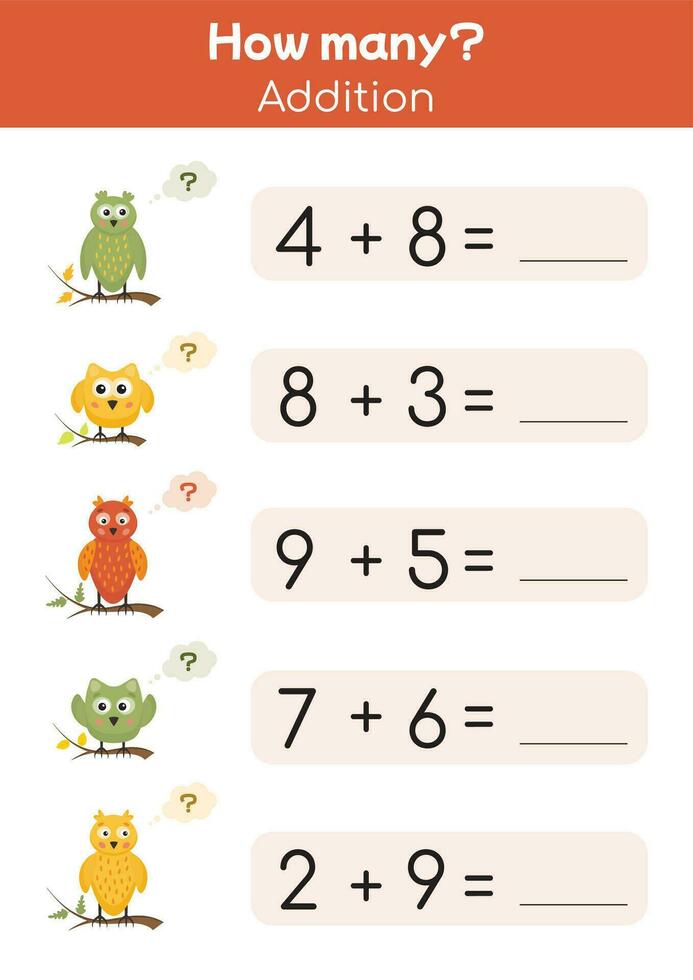 matemáticas educativo cómo muchos ocupaciones para niños. aprendizaje suma, sustracción. preescolar imprimible hoja de cálculo actividad, contar y escribir el resultado. primero grado hojas de trabajo profesor recursos. vector