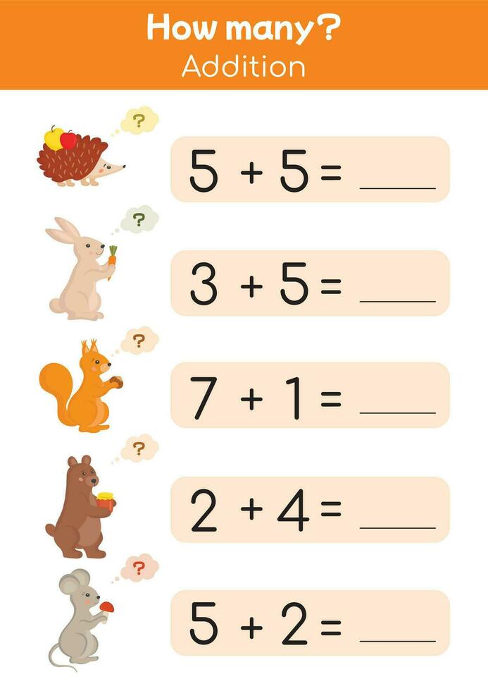 Math page printable for school children, first grade, preschool. Addition, subtraction, useful mathematical games for kindergarten. Teacher resources, homeschooling, pedagogic purposes. Math worksheet vector