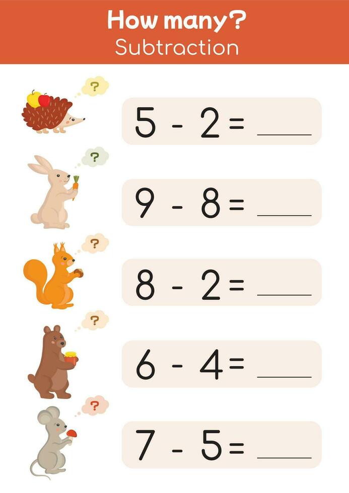Math page printable for school children, first grade, preschool. Addition, subtraction, useful mathematical games for kindergarten. Teacher resources, homeschooling, pedagogic purposes. Math worksheet vector