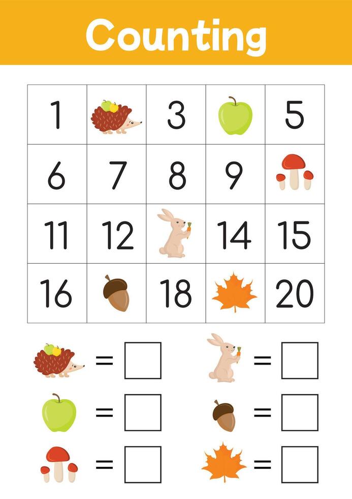 Math counting game. Mathematics educational worksheet to twenty