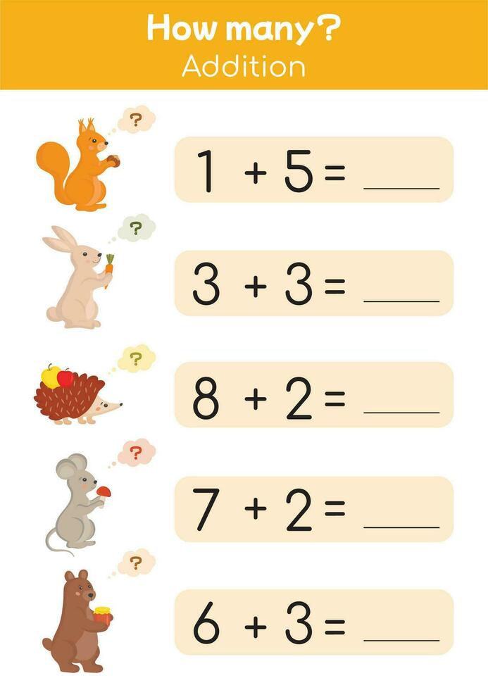 Playful worksheets for kids, mathematical games. Colorful educational math printable to practice addition, subtraction. Suitable for preschools, kindergartens, homeschooling. How many, counting game. vector