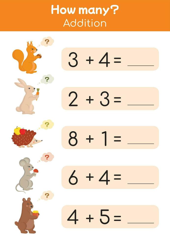 juguetón hojas de trabajo para niños, matemático juegos. vistoso educativo materiales a práctica sustracción, lógica. adecuado para preescolares, jardines de infancia cómo muchos matemáticas juego. vector