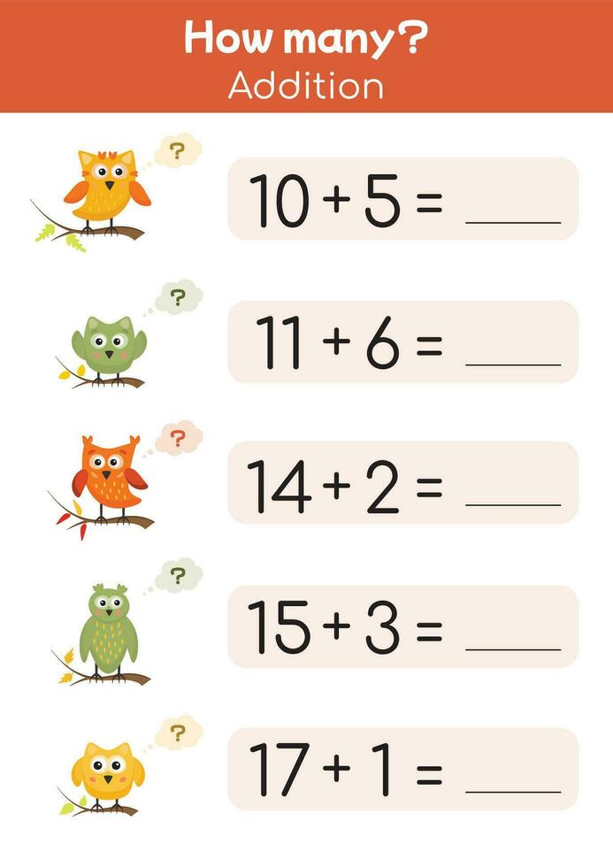 Math page printable for school children, first grade, preschool. Addition, subtraction, useful mathematical games for kindergarten. Teacher resources, homeschooling, pedagogic purposes. Math worksheet vector