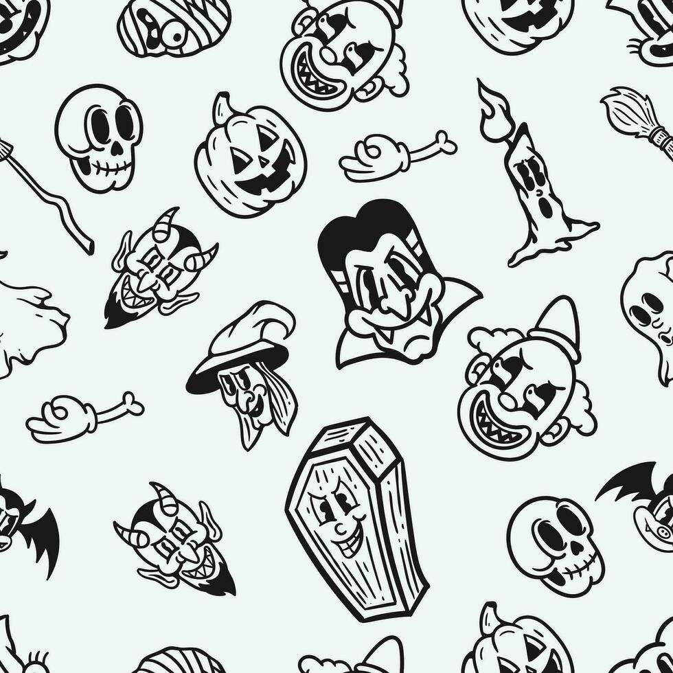 Clásico horror dibujos animados Víspera de Todos los Santos monstruos sin costura monocromo estilo vector