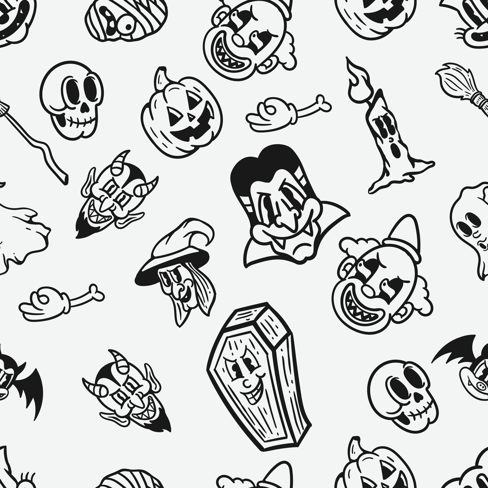 Vintage Horror Cartoon Halloween Monsters Seamless Monochrome Style vintage-horror-cartoon-halloween-monsters-seamless-monochrome-style