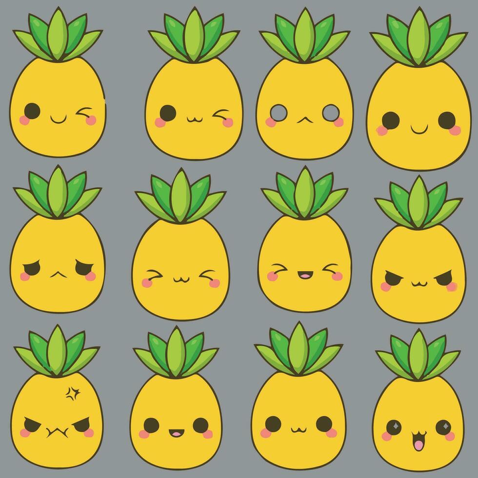 Collection of decorative pineapples of various color and texture isolated on white background. Bundle of exotic tropical ripe juicy fruits. Colorful hand drawn vector illustration in doodle style.
