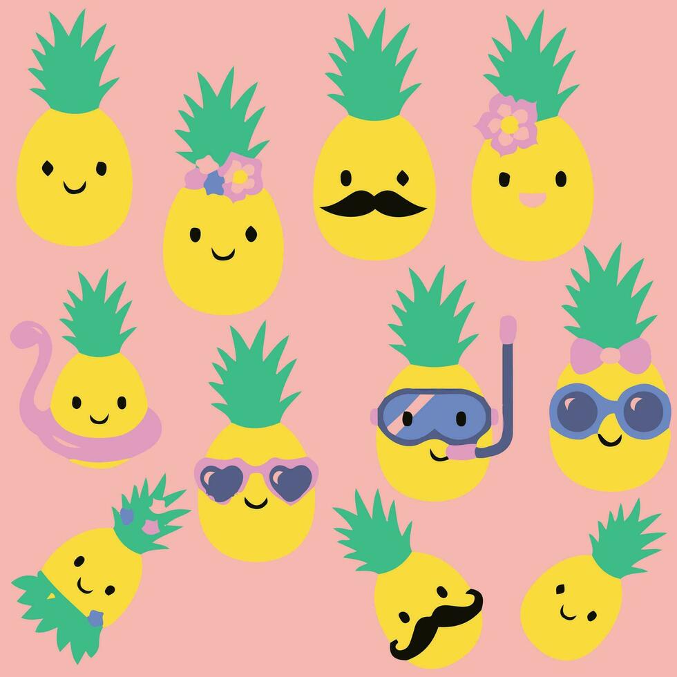 Collection of decorative pineapples of various color and texture isolated on white background. Bundle of exotic tropical ripe juicy fruits. Colorful hand drawn vector illustration in doodle style.